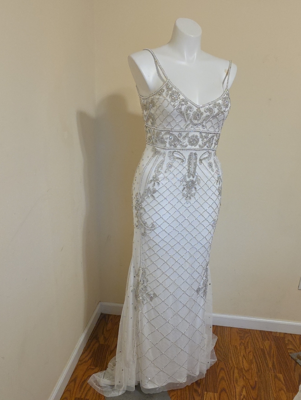 Lulu's White Maxi Gown with Silver Beading